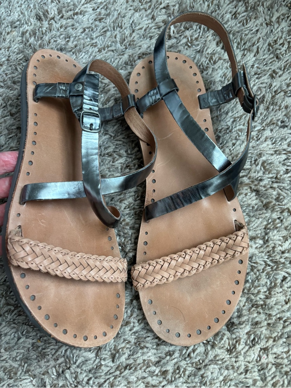 UGG Two-Tone Braided Toe Strap Leather Sandals - Black & Tan